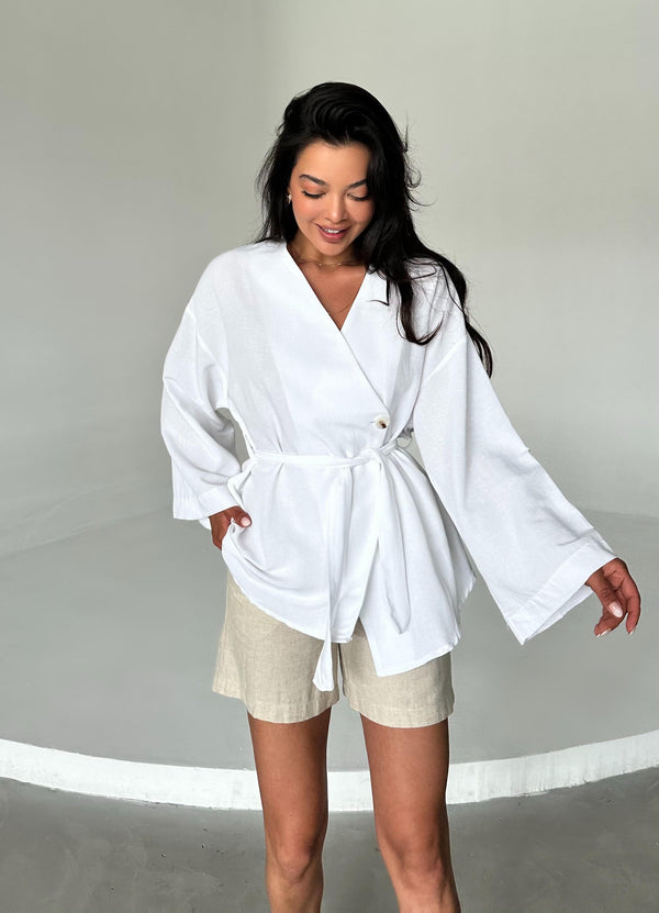 Beyaz Pamuklu Düğme Detaylı Kemerli Keten Kimono