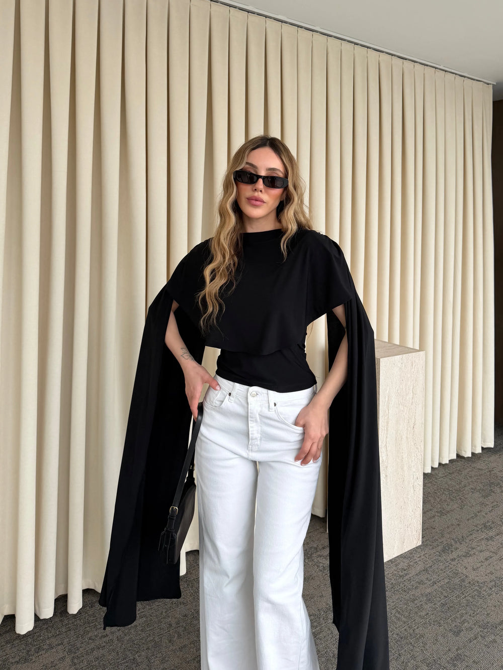 Siyah Sandy Pelerinli Bluz - 1030