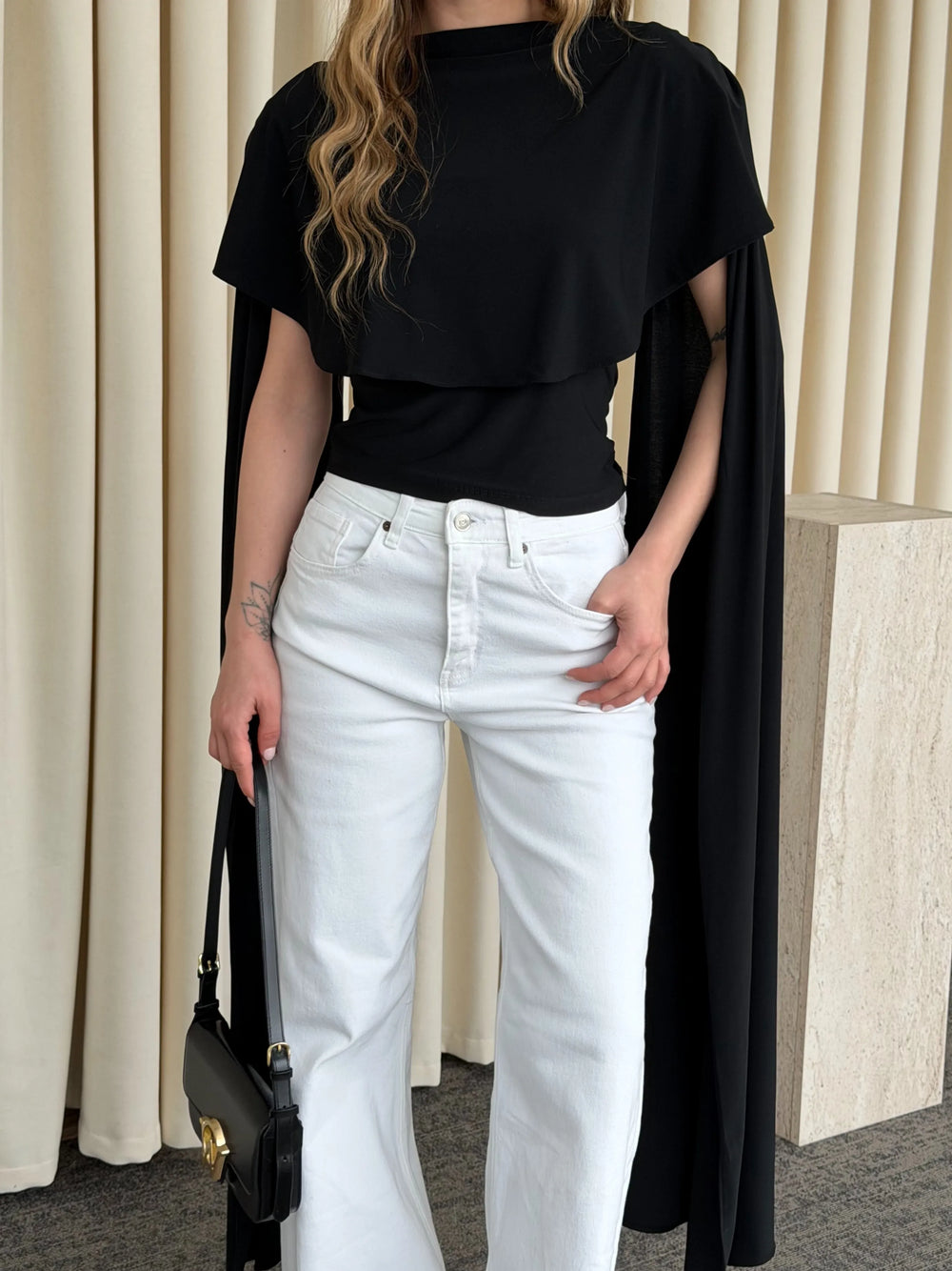 Siyah Sandy Pelerinli Bluz - 1030