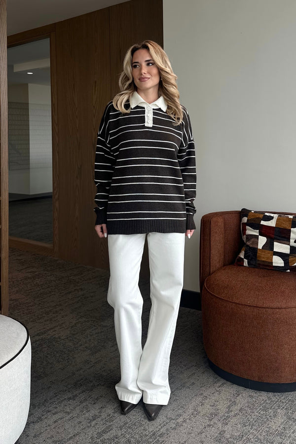 Kahverengi Beyaz Çizgili Kazak -1510