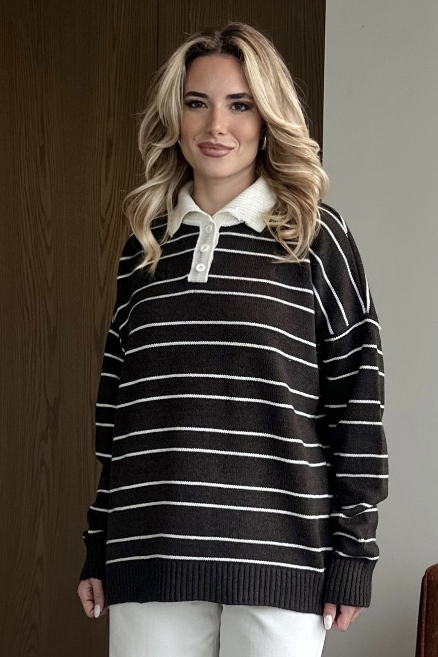 Kahverengi Beyaz Çizgili Kazak -1510