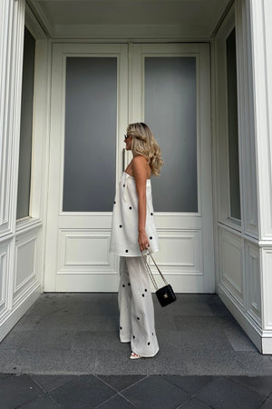 Beyaz Siyah Puantiyeli Straplez Bluz Pantolon Takım