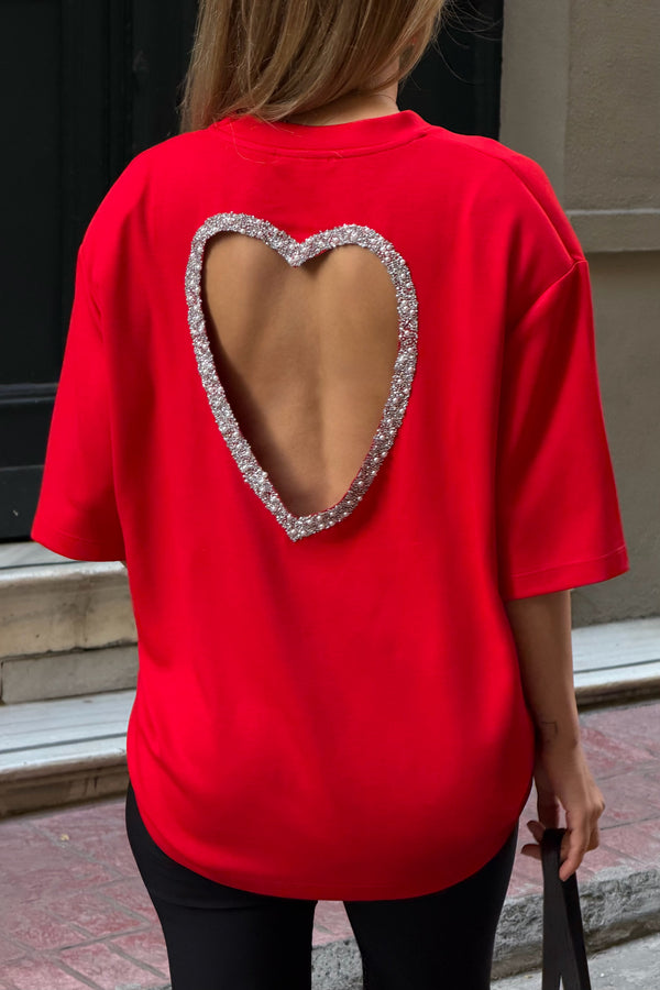 Kırmızı Sırtı Taşlı Kalp Dekolteli Vatkalı T-shirt - 4122