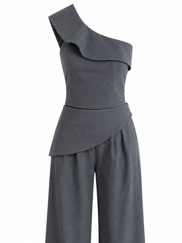 Gri Tasarım Yaka Bluz Pantolon Takım - TK8003