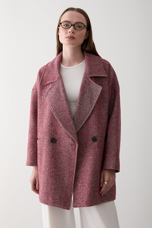 Bordo 1. Sınıf Kalite Balık Sırtı Oversize Kaşe Kaban