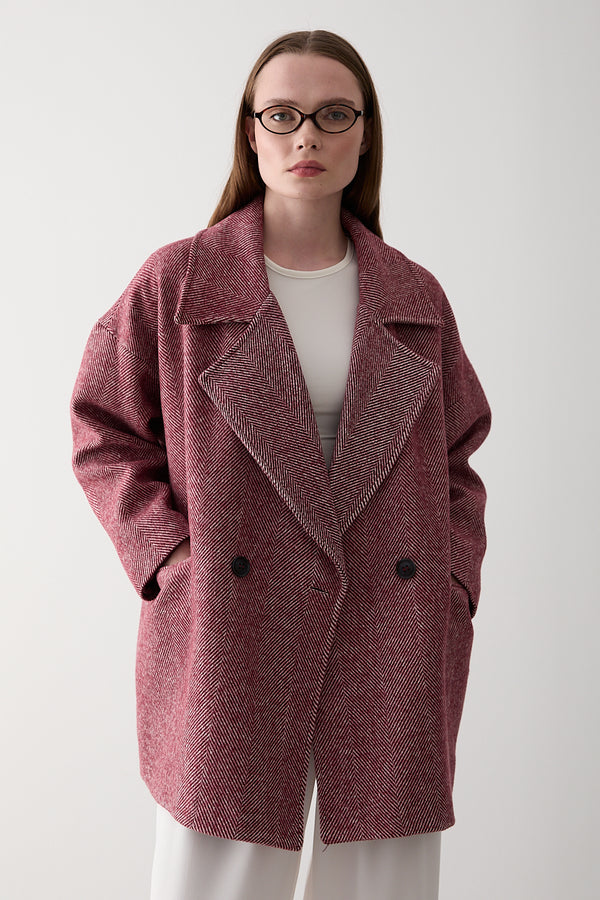 Bordo 1. Sınıf Kalite Balık Sırtı Oversize Kaşe Kaban