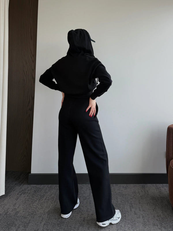 Siyah %100 Pamuk Kapüşonlu Fitilli Takım - 51232
