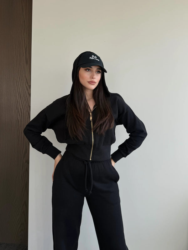 Siyah %100 Pamuk Kapüşonlu Fitilli Takım - 51232