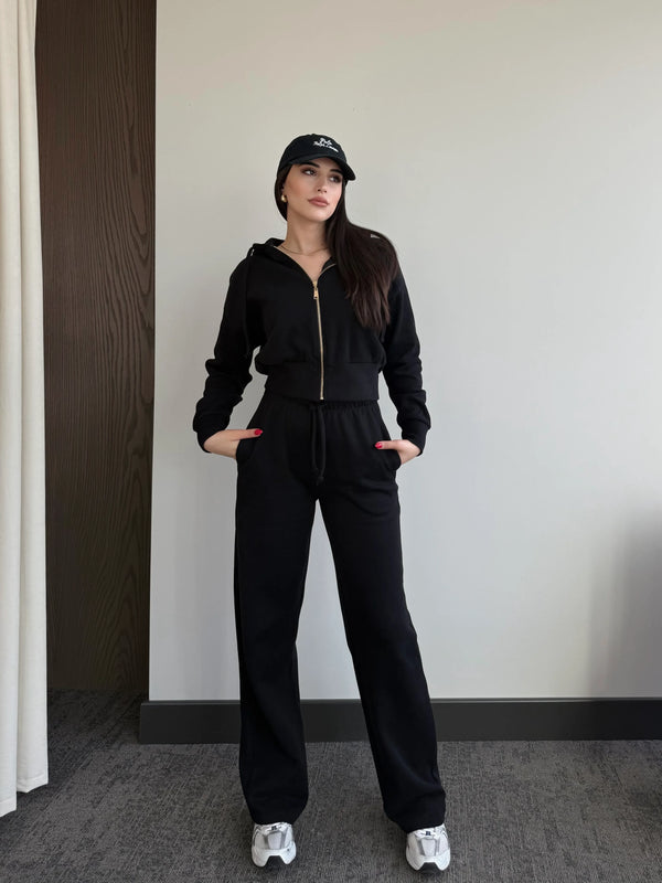 Siyah %100 Pamuk Kapüşonlu Fitilli Takım - 51232