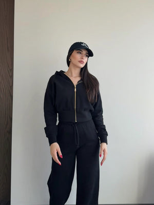 Siyah %100 Pamuk Kapüşonlu Fitilli Takım - 51232