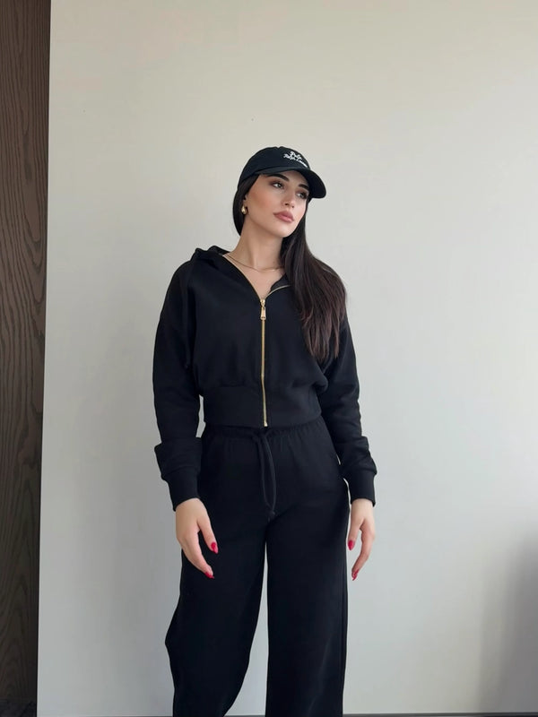 Siyah %100 Pamuk Kapüşonlu Fitilli Takım - 51232