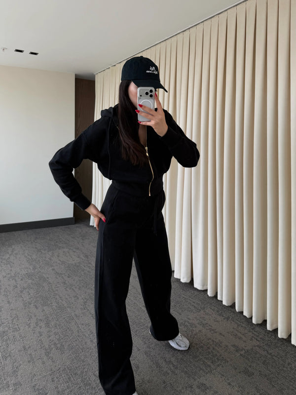 Siyah %100 Pamuk Kapüşonlu Fitilli Takım - 51232