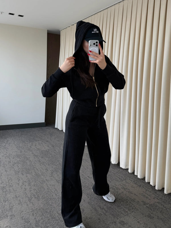 Siyah %100 Pamuk Kapüşonlu Fitilli Takım - 51232