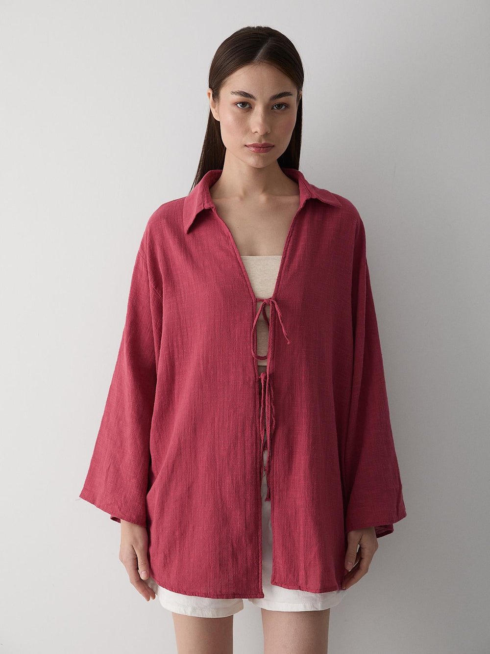 Bordo %100 Pamuk Keten Bağcık Detaylı Kimono Bluz