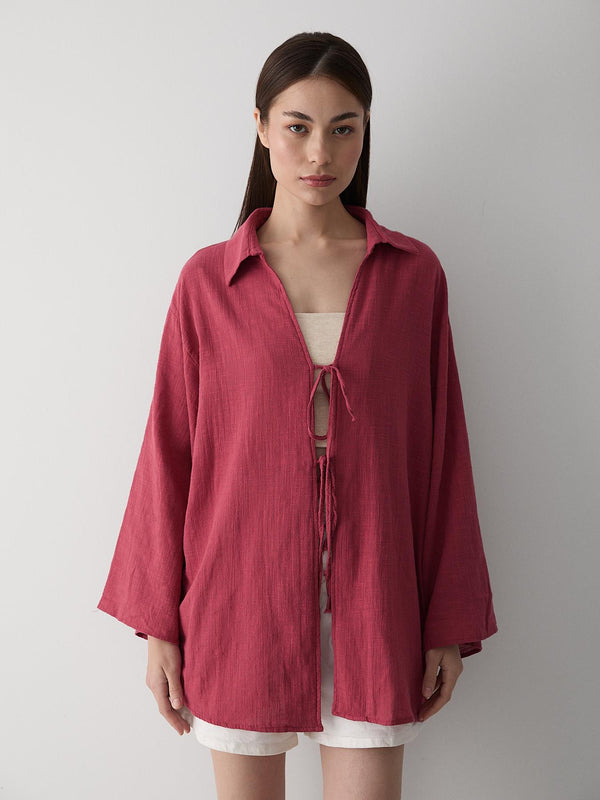 Bordo %100 Pamuk Keten Bağcık Detaylı Kimono Bluz