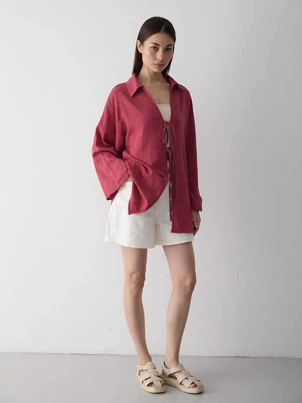Bordo %100 Pamuk Keten Bağcık Detaylı Kimono Bluz