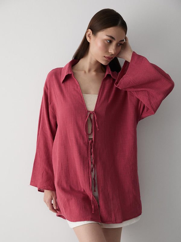 Bordo %100 Pamuk Keten Bağcık Detaylı Kimono Bluz