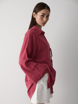 Bordo %100 Pamuk Keten Bağcık Detaylı Kimono Bluz