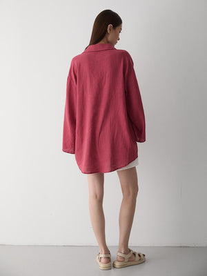Bordo %100 Pamuk Keten Bağcık Detaylı Kimono Bluz