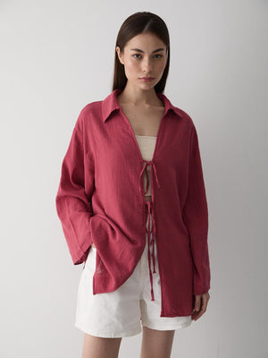 Bordo %100 Pamuk Keten Bağcık Detaylı Kimono Bluz