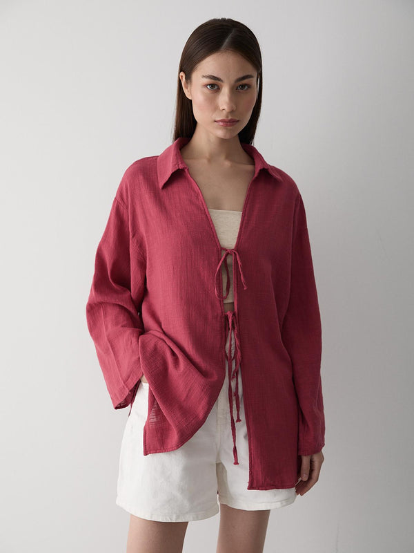 Bordo %100 Pamuk Keten Bağcık Detaylı Kimono Bluz