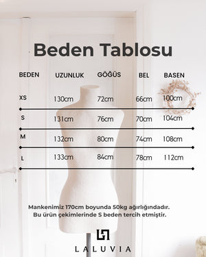 Bej uzun elbisenin ek ölcü bilgilerini ve size tavsiyelerini iceren beden rehberi tablosu