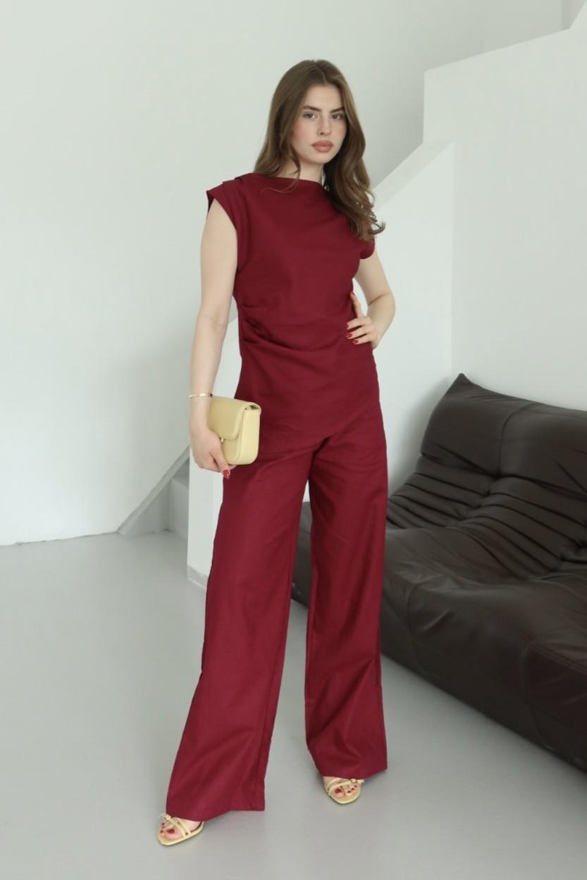 Bordo Asimetrik Bluz Pantolon Takım