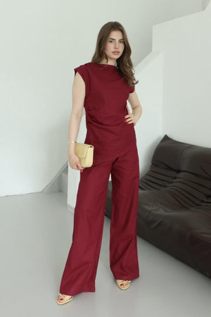 Bordo Asimetrik Bluz Pantolon Takım