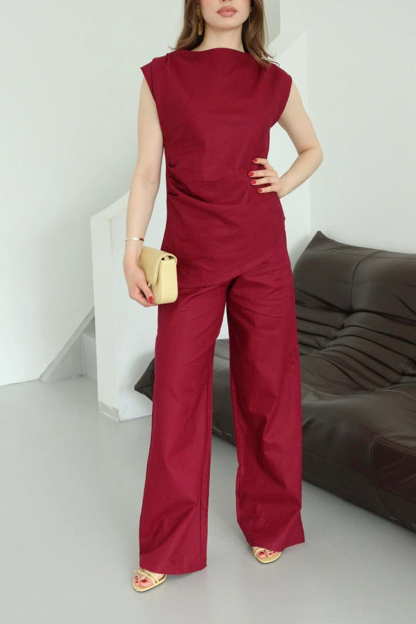Bordo Asimetrik Bluz Pantolon Takım