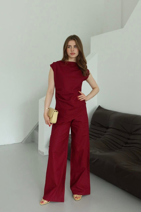 Bordo Asimetrik Bluz Pantolon Takım