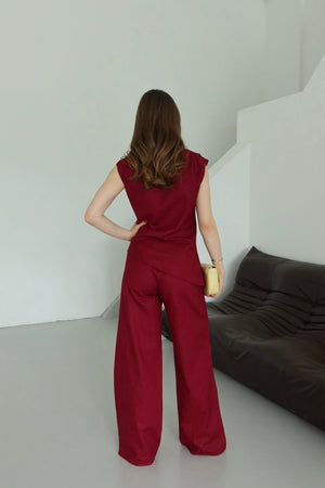 Bordo Asimetrik Bluz Pantolon Takım