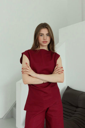 Bordo Asimetrik Bluz Pantolon Takım