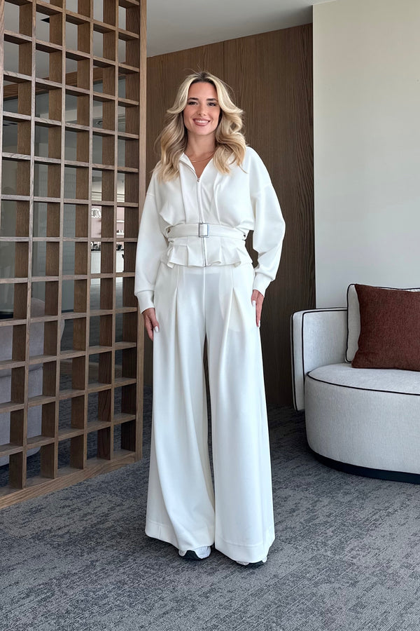 Ekru Bel Kemerli Pantolon Pensli Takım - 7278