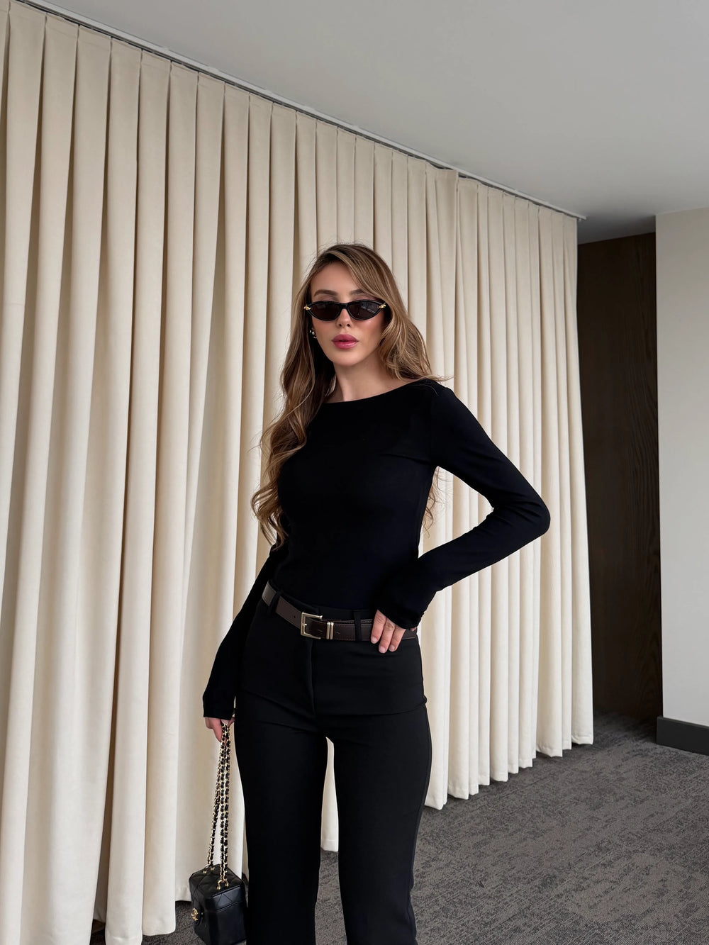 Siyah Bisiklet Yaka Uzun Kollu Body - 0098