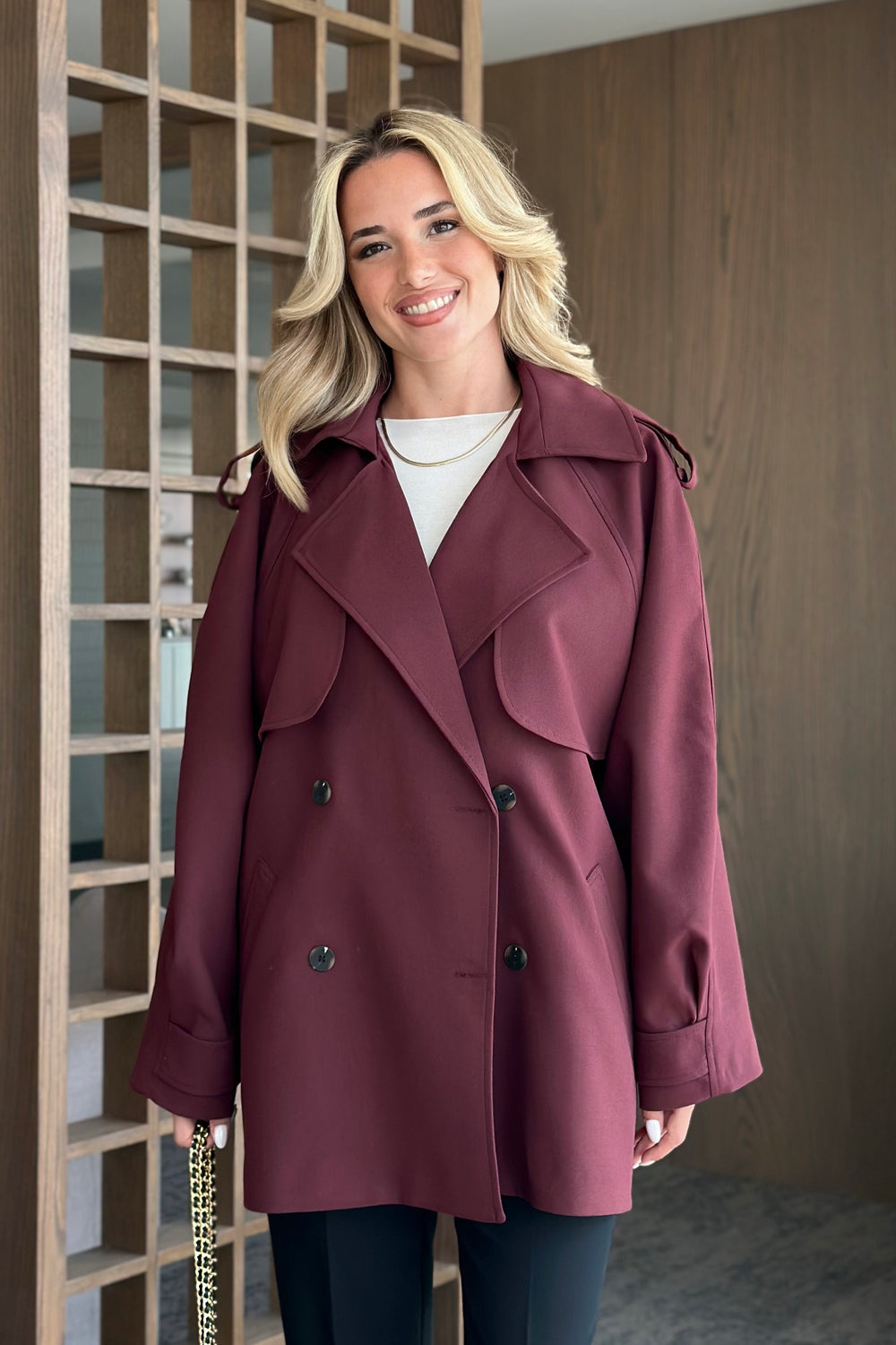 Bordo Deri İp Kemerli Rüzgarlıklı Trençkot - 7488