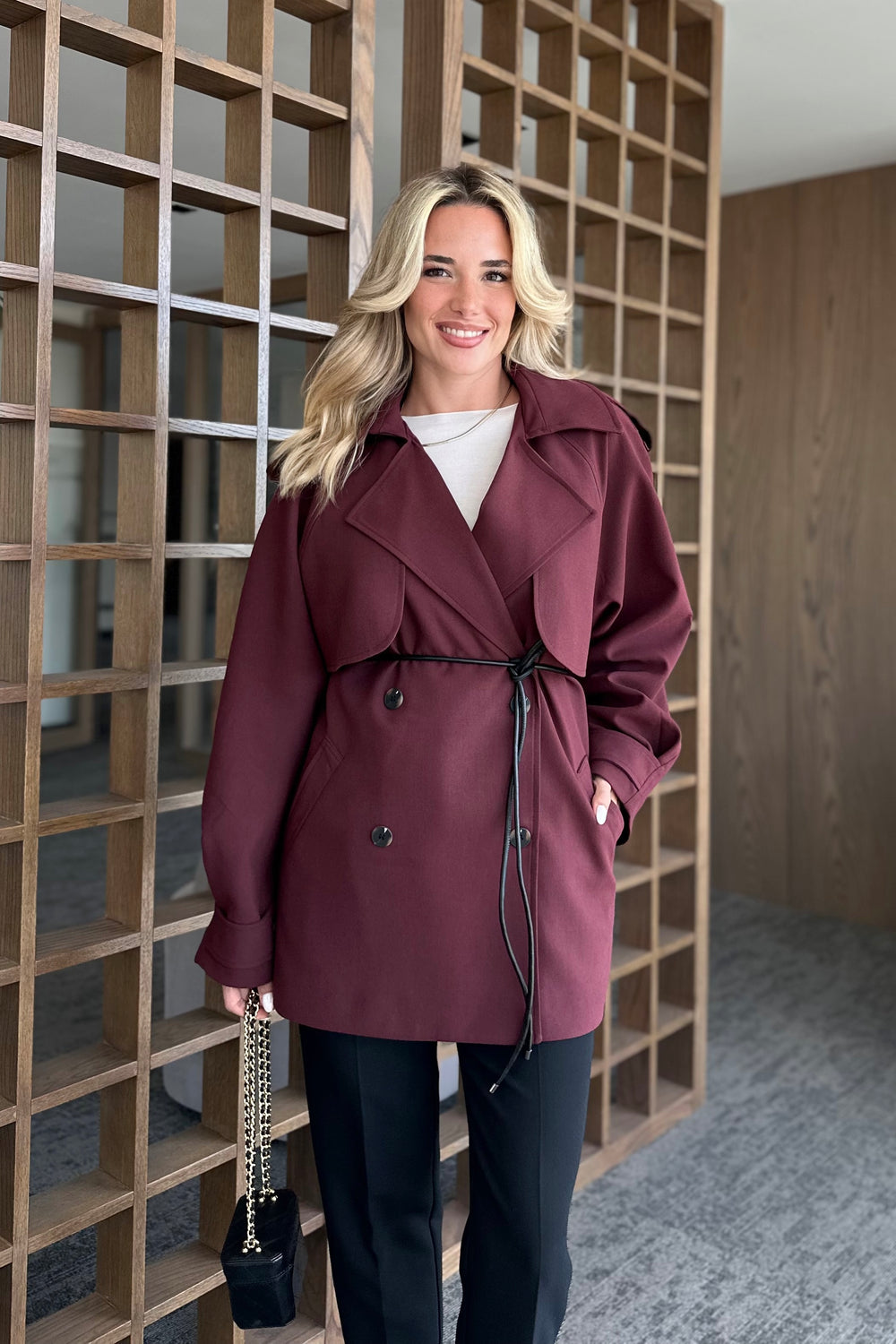 Bordo Deri İp Kemerli Rüzgarlıklı Trençkot - 7488