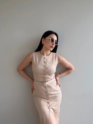 Bordo Düğmeli Kemerli Gabardin Elbise - 5002
