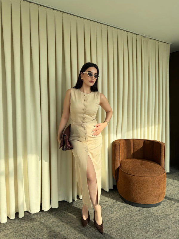 Bordo Düğmeli Kemerli Gabardin Elbise - 5002