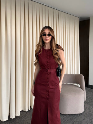 Bordo Düğmeli Kemerli Gabardin Elbise - 5002