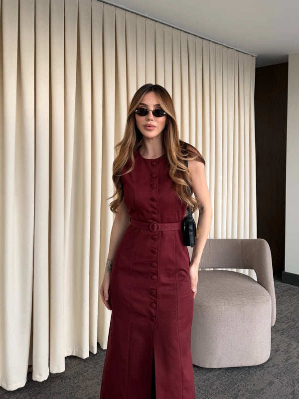 Bordo Düğmeli Kemerli Gabardin Elbise - 5002