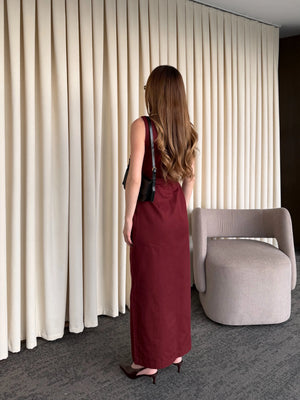 Bordo Düğmeli Kemerli Gabardin Elbise - 5002