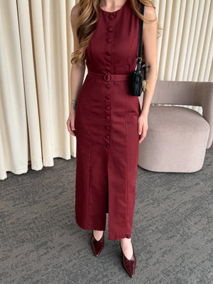 Bordo Düğmeli Kemerli Gabardin Elbise - 5002