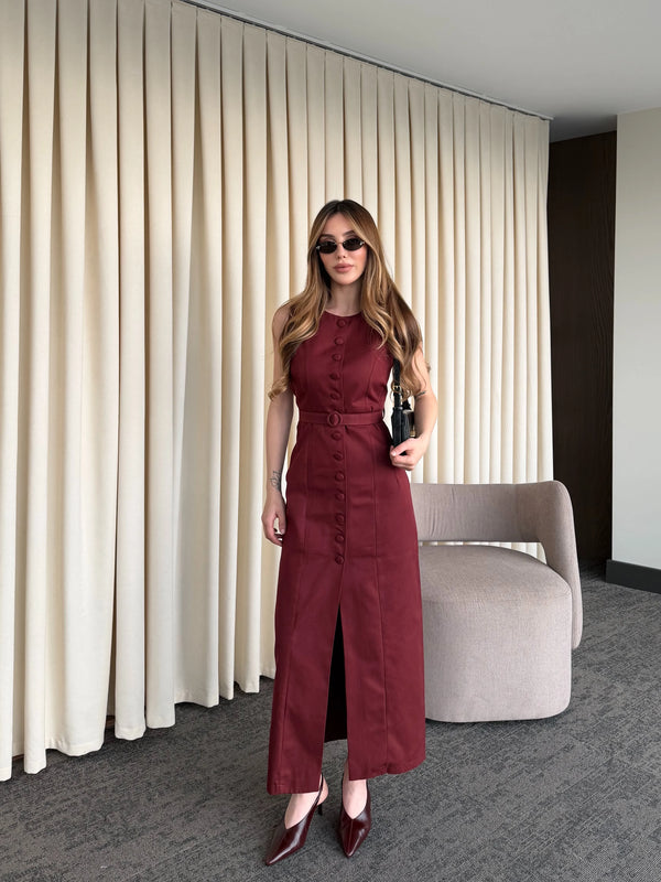 Bordo Düğmeli Kemerli Gabardin Elbise - 5002