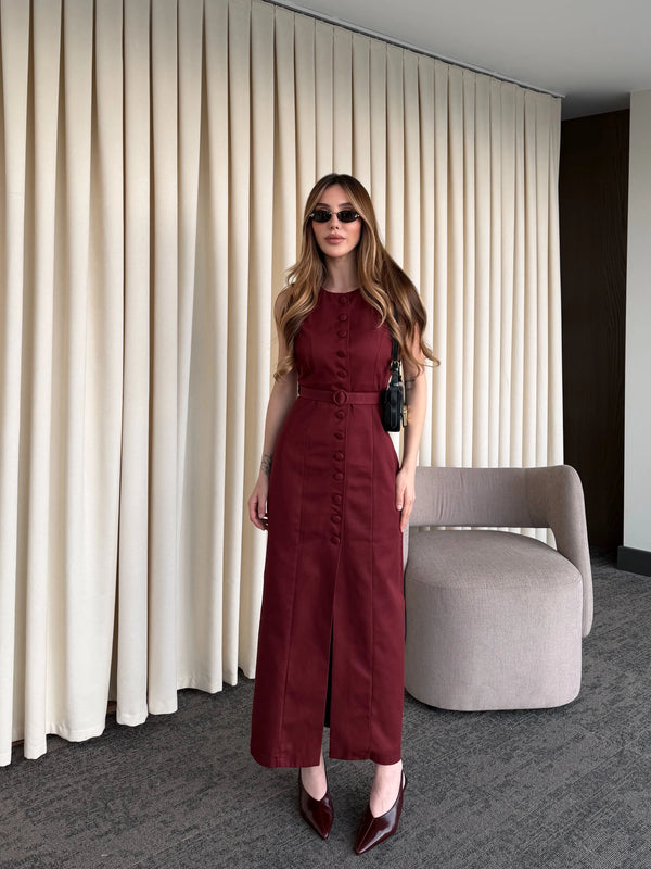 Bordo Düğmeli Kemerli Gabardin Elbise - 5002