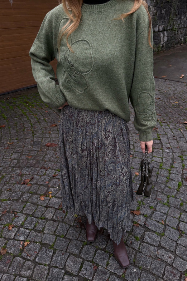 Yeşil Etnik Desenli Şifon Etek - 251102