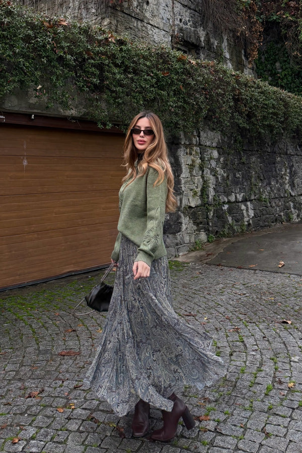 Yeşil Etnik Desenli Şifon Etek - 251102