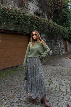 Yeşil Etnik Desenli Şifon Etek - 251102