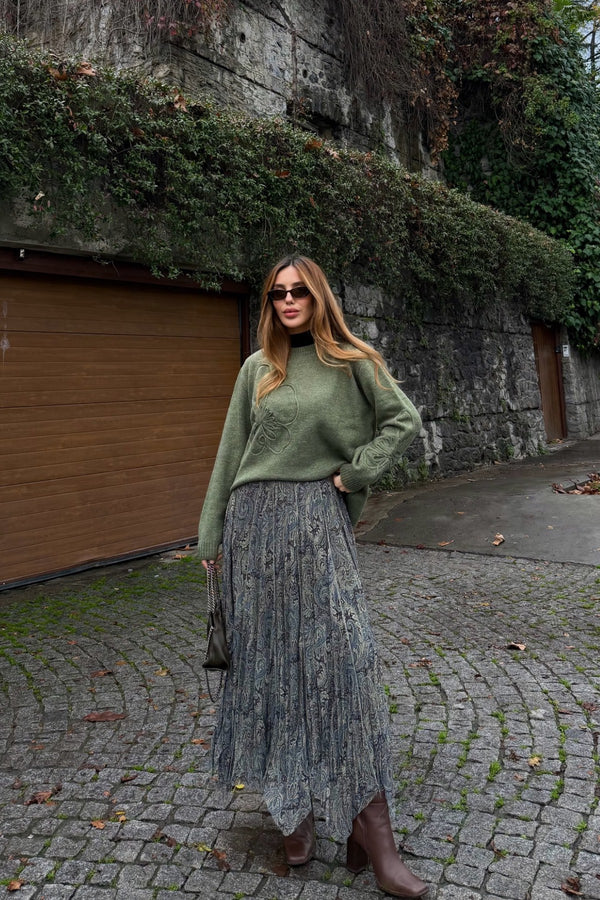 Yeşil Etnik Desenli Şifon Etek - 251102