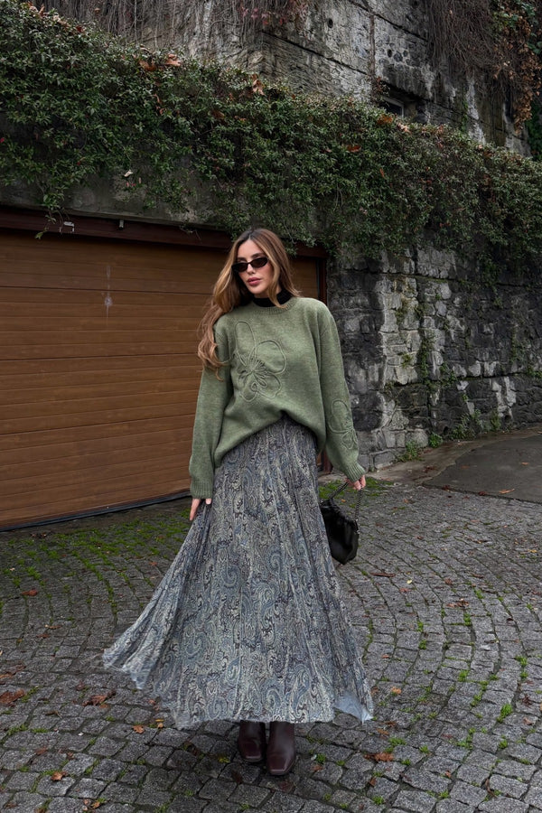 Yeşil Etnik Desenli Şifon Etek - 251102