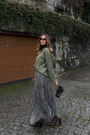 Yeşil Etnik Desenli Şifon Etek - 251102